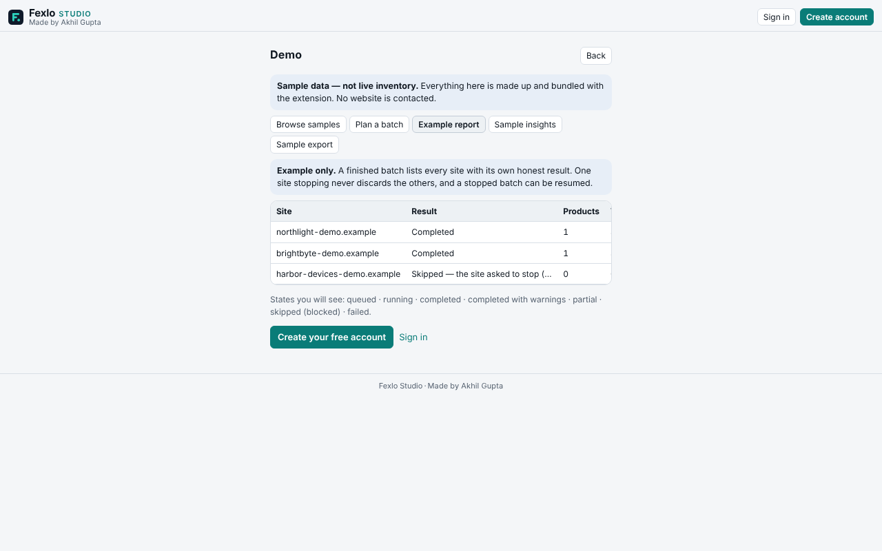 Example batch report with three made-up sites, each with its own result label