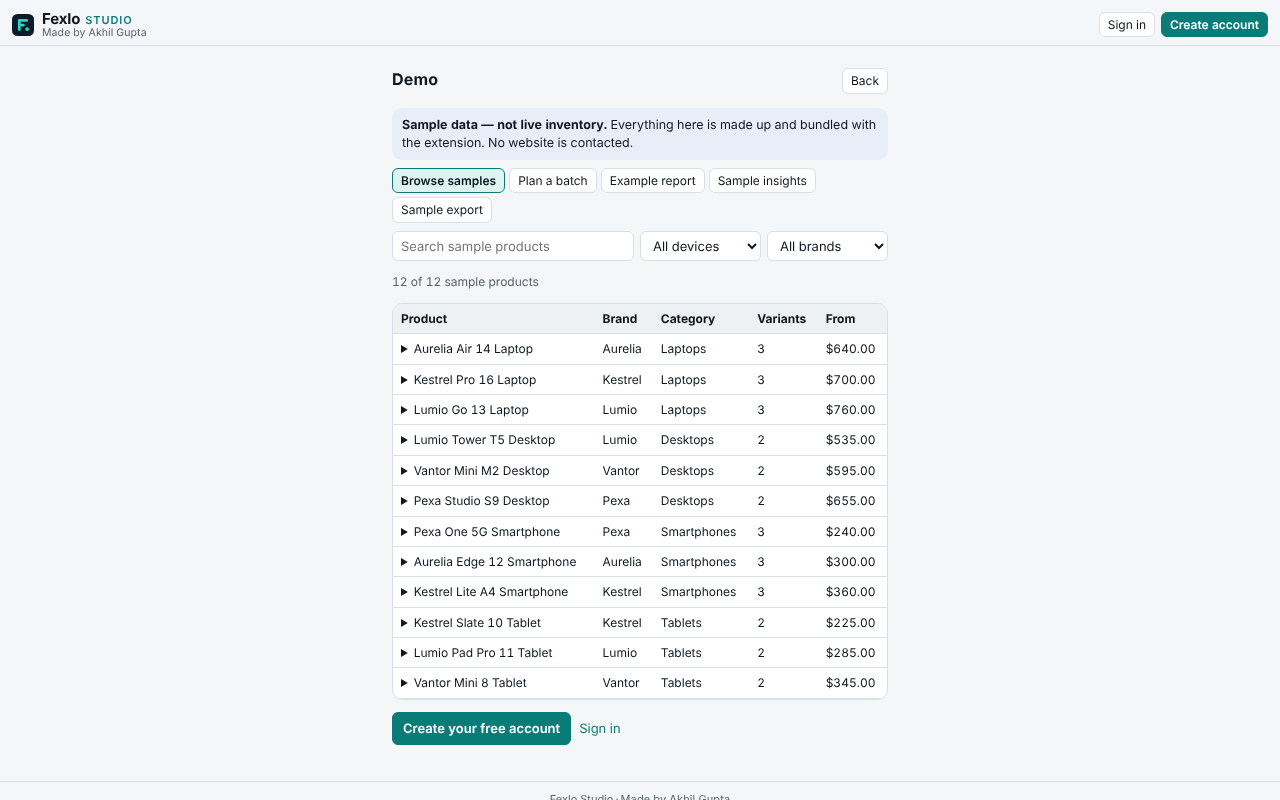 Fexlo browse view listing twelve made-up sample products with brand, category, variant count and price